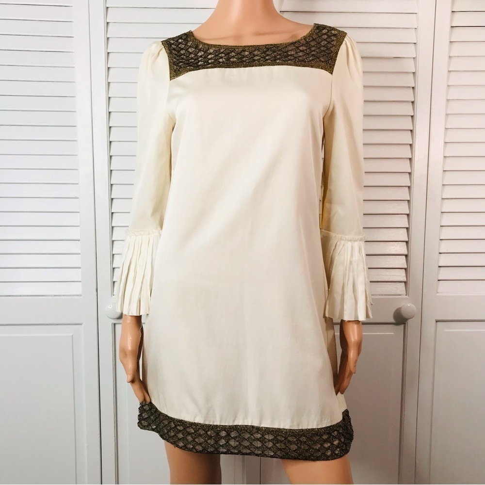 New ALICE + OLIVIA Ivory Beaded Pleated Sleeve Dress Size Small